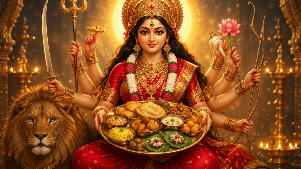 devi durga seated with thari of ger favourite foods