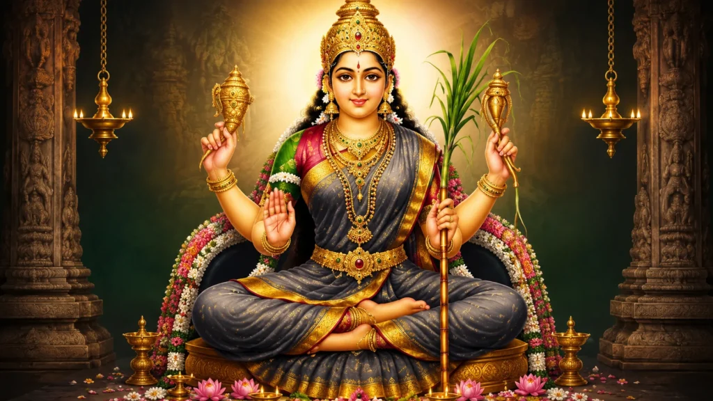 The glories of Subhadra devi - the wife of Arjuna of the Pandavas gayatri devi holding sugarcane and kamandalu