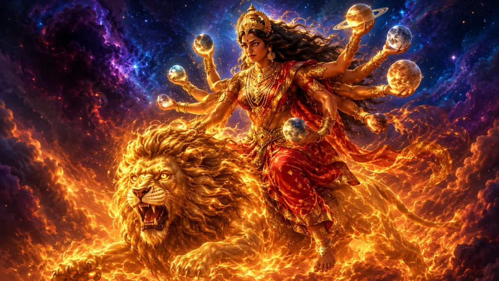The Benefits one accrues when one observes a Navaratri Vrat. goddess durga riding lion holding the planets
