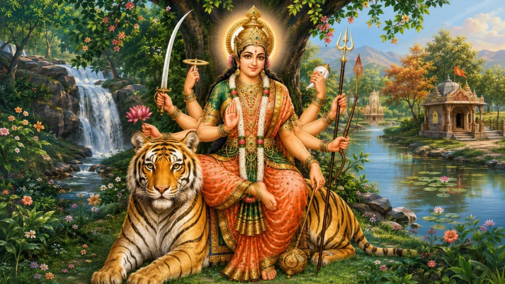 goddess durga riding tiger by sacred river and temple
