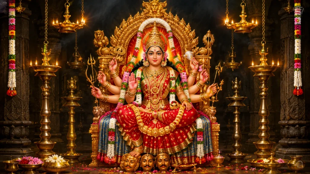 goddess durga seated on divine throne with eight arms
