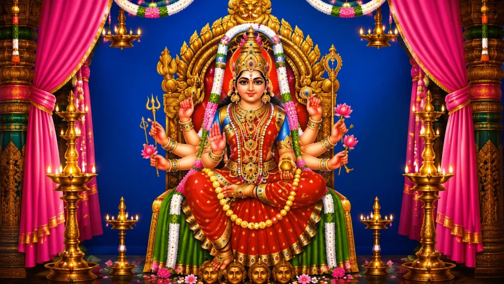 goddess durga seated on divine throne with kalasha and lotus