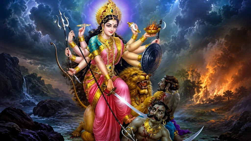 Goddess Durga riding her lion while slaying the buffalo demon Mahishasura, wielding her divine weapons amid a dramatic battlefield under stormy skies.