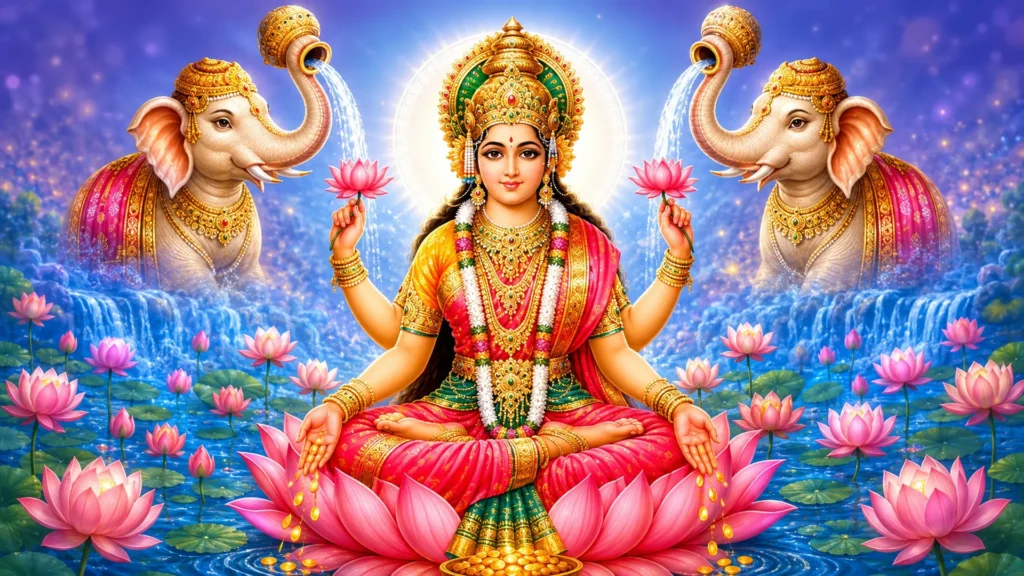 Goddess Mahalakshmi seated on a blooming pink lotus, holding lotus flowers and showering gold coins, flanked by two sacred elephants performing the Gajalakshmi abhishekam.
