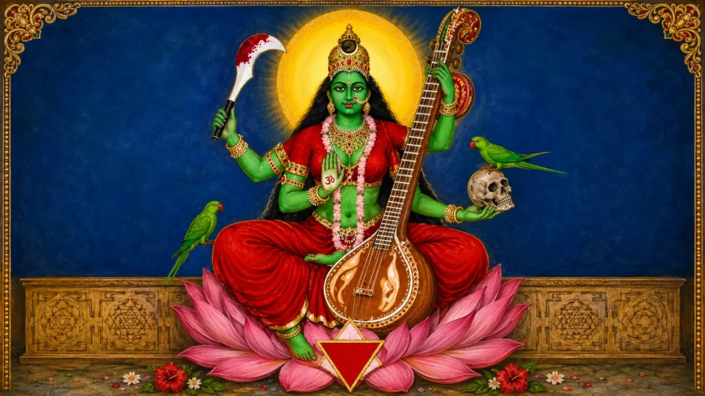 goddess matangi seated on lotus with veena and parrots
