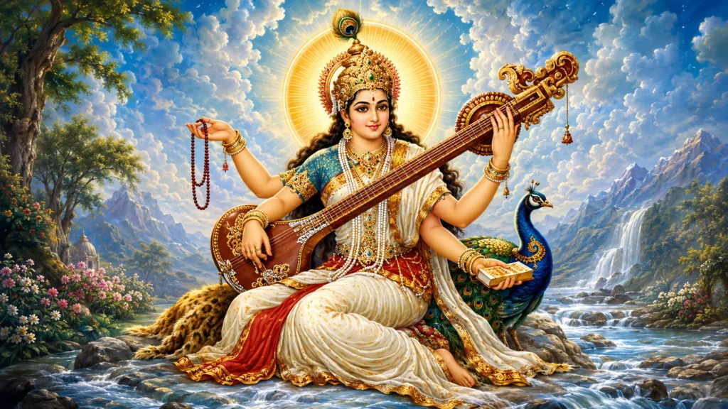 Goddess Saraswati seated in a serene mountain landscape, playing the veena while holding a sacred scripture and prayer beads, with her peacock beside her.