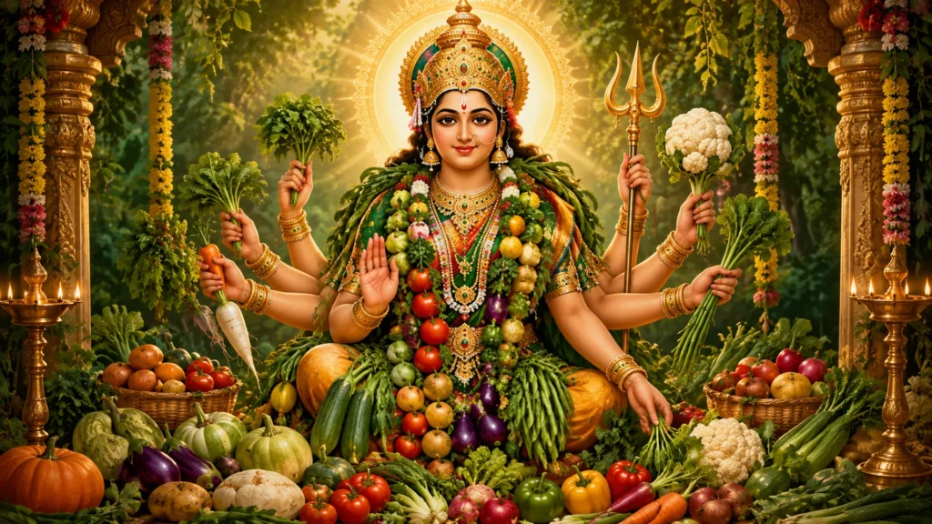 Goddess Shakambhari Devi adorned with fruits and vegetables, holding fresh produce and a trident, seated amid an abundant harvest as the Divine Mother of vegetation, nourishment and prosperity.