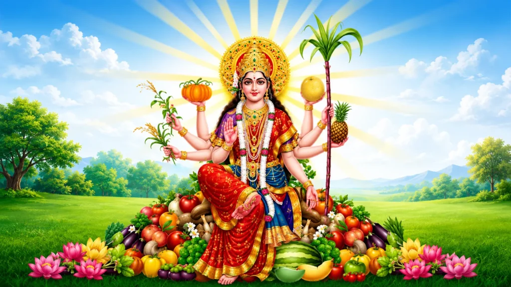 Aadi Madham (17th of July - 16th of August 2026) goddess shakambhari devi with fruits vegetables and sugarcane