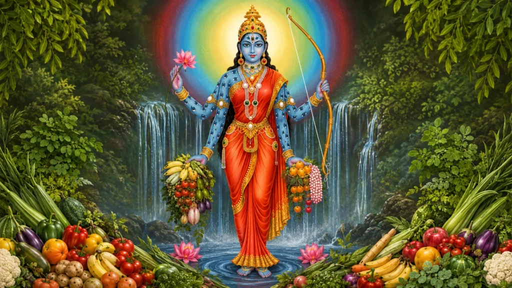 Goddess Shakambhari Devi standing before a waterfall holding harvest offerings of fruits and vegetables, symbolising nourishment, prosperity and abundance.