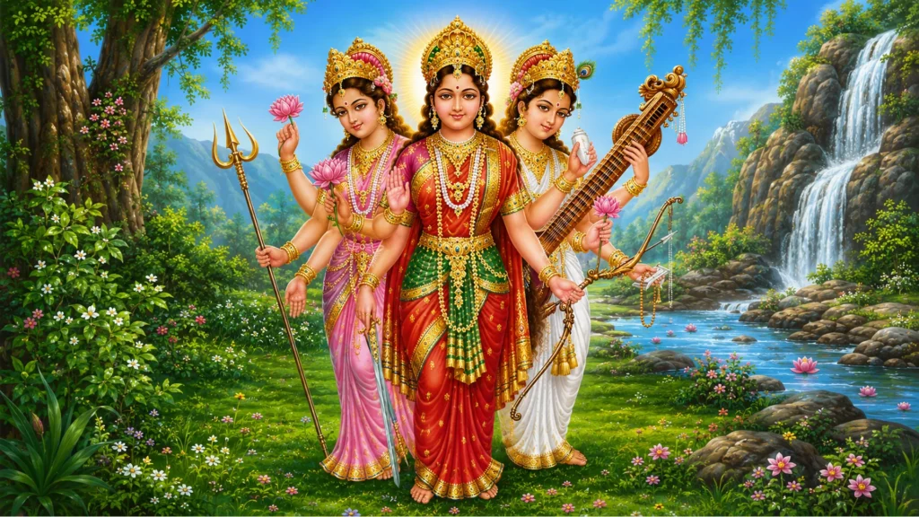 The Divine Tridevi—Mahalakshmi, Mahasaraswati and Mahakali—standing together in a lush riverside landscape with a waterfall, holding their sacred attributes.