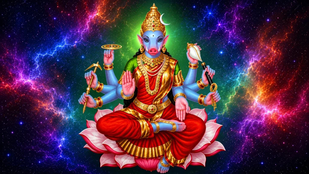 Goddess Varahi Devi seated on a pink lotus with multiple arms holding her divine attributes against a radiant cosmic background.