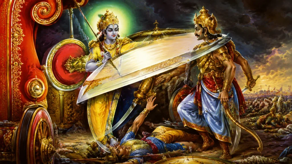krishna protecting arjuna from bhishma on kurukshetra battlefield