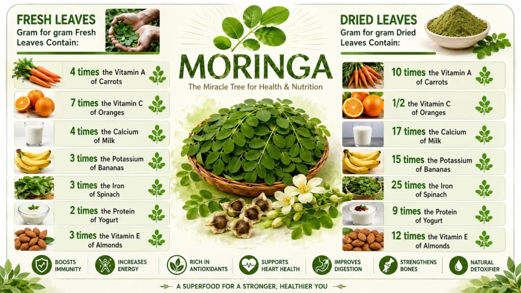 Infographic comparing the nutritional value of fresh and dried moringa leaves with common foods and highlighting the health benefits of moringa.