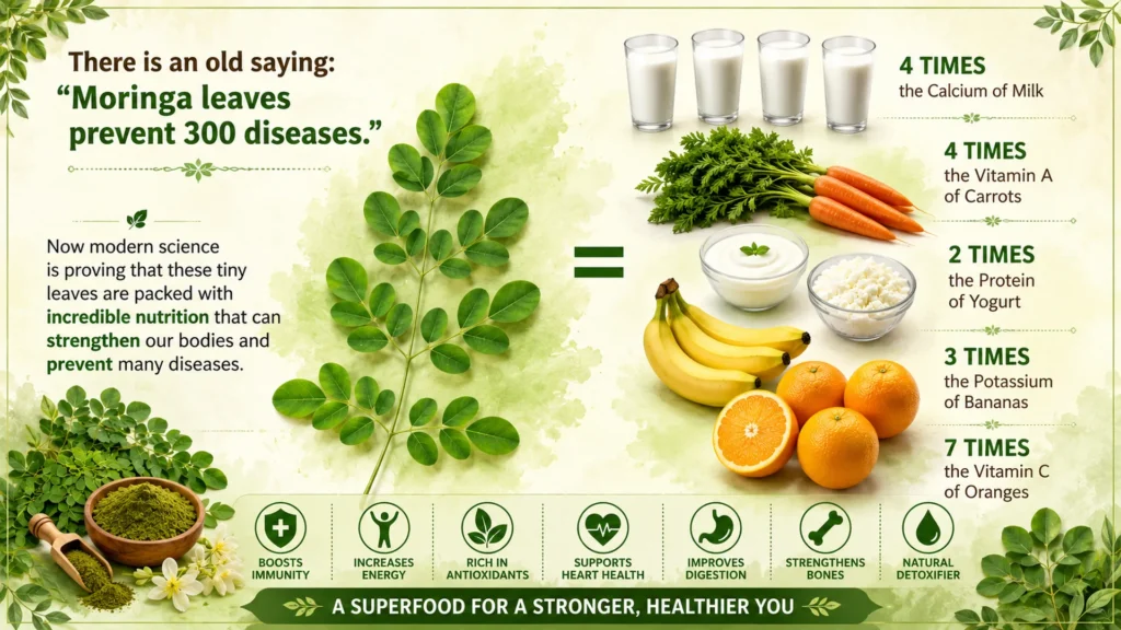 Infographic showing moringa leaves compared with everyday foods, highlighting their rich nutritional value and health benefits.