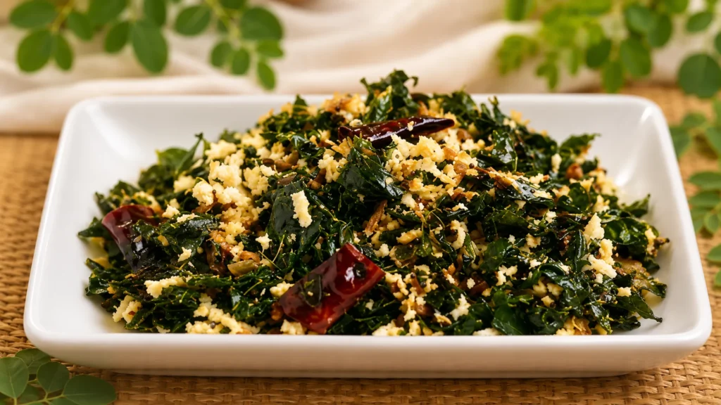 A traditional South Indian moringa leaves poriyal prepared with grated coconut, dried chillies and spices, served as a nutritious vegetarian side dish.