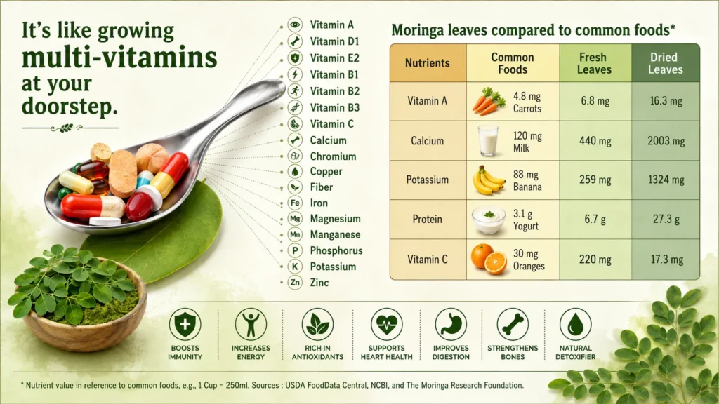Infographic comparing the vitamin, mineral and nutrient content of fresh and dried moringa leaves with common foods.