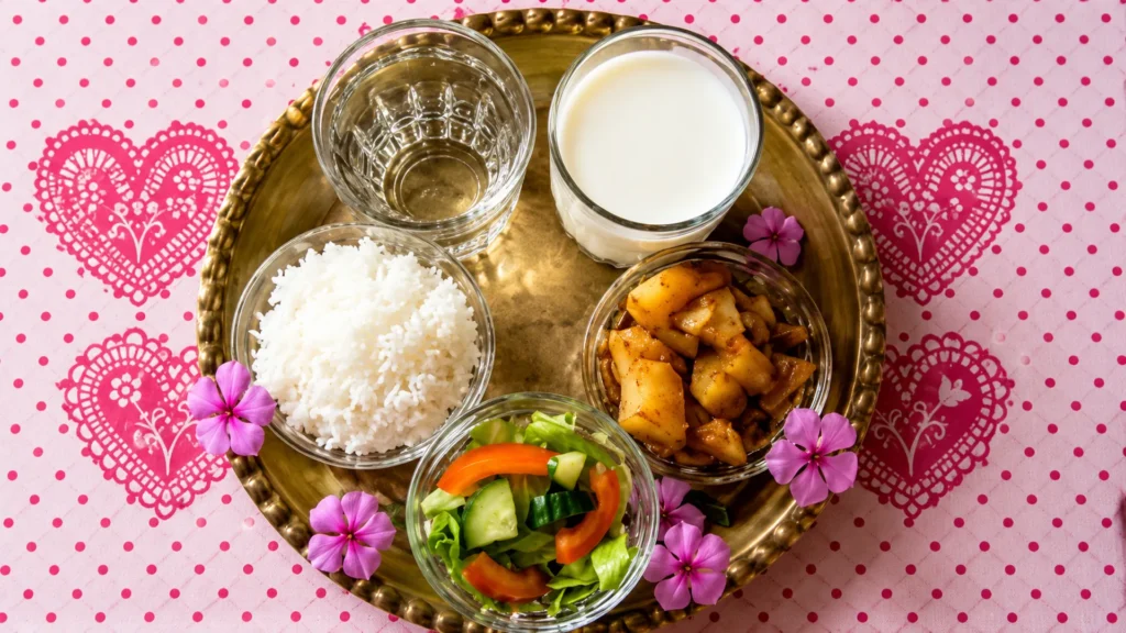 satvik prasadam meal with rice vegetable curry salad milk and water