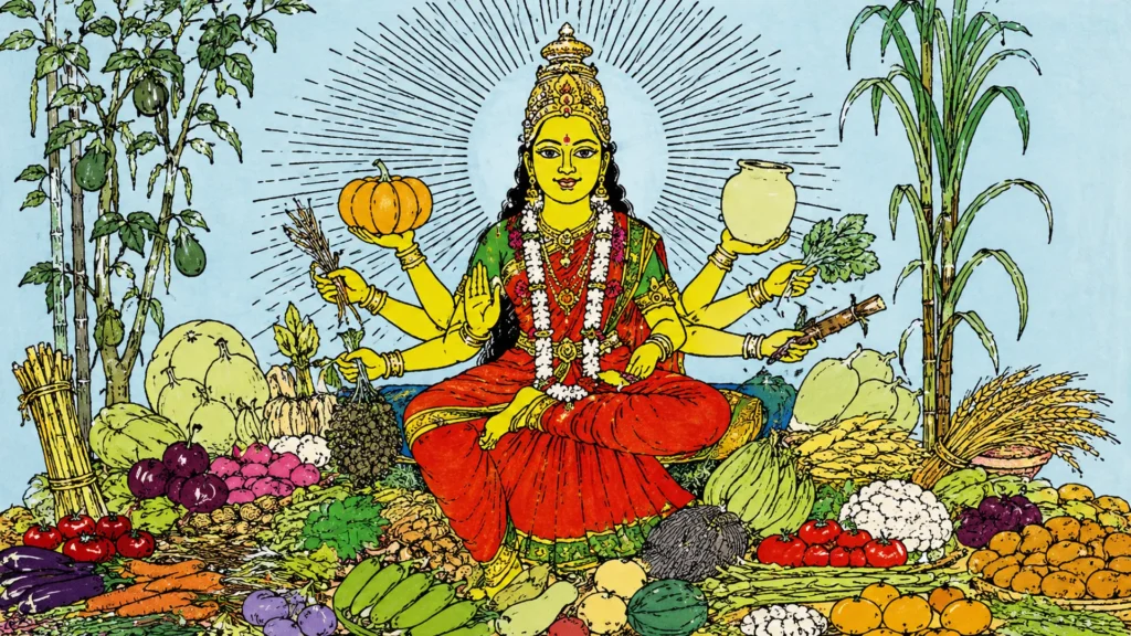 Traditional illustration of Goddess Shakambhari Devi seated among fruits, vegetables, grains and sugarcane, symbolising nourishment, fertility and agricultural abundance.