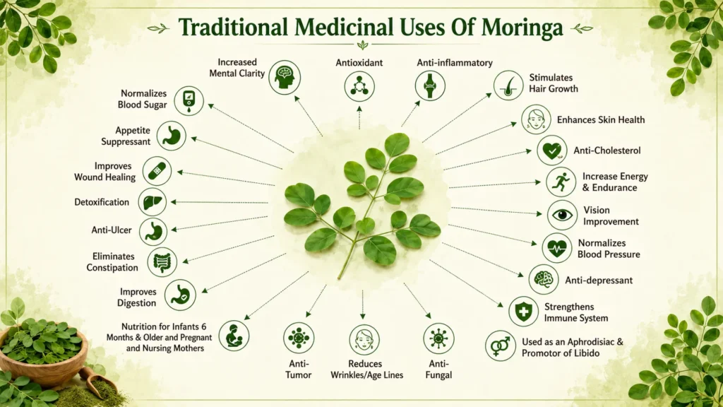 nfographic illustrating the traditional medicinal uses and potential health benefits of moringa leaves.