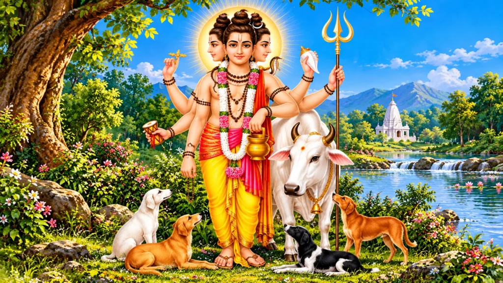 dattatreya in a lush sacred landscape dattatreya in a lush sacred landscape