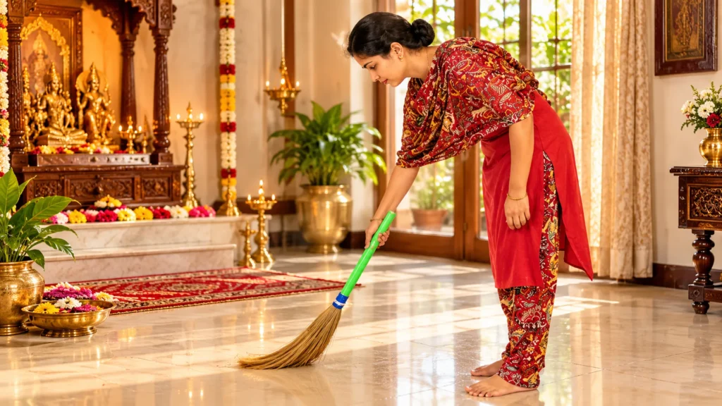 devotional indian home sweeping scene
