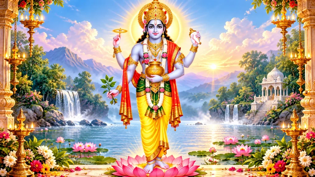 dhanvantari in a radiant lotus sanctuary