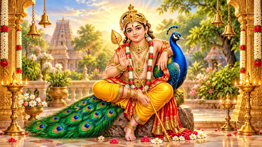 divine murugan with peacock in temple garden