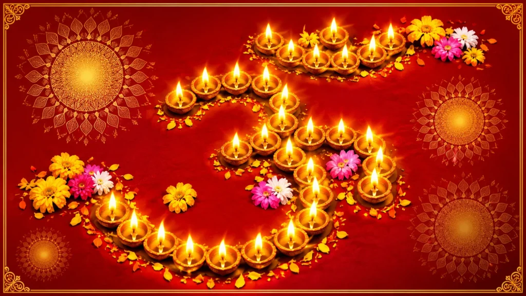 diwali om illuminated by diyas and flowers