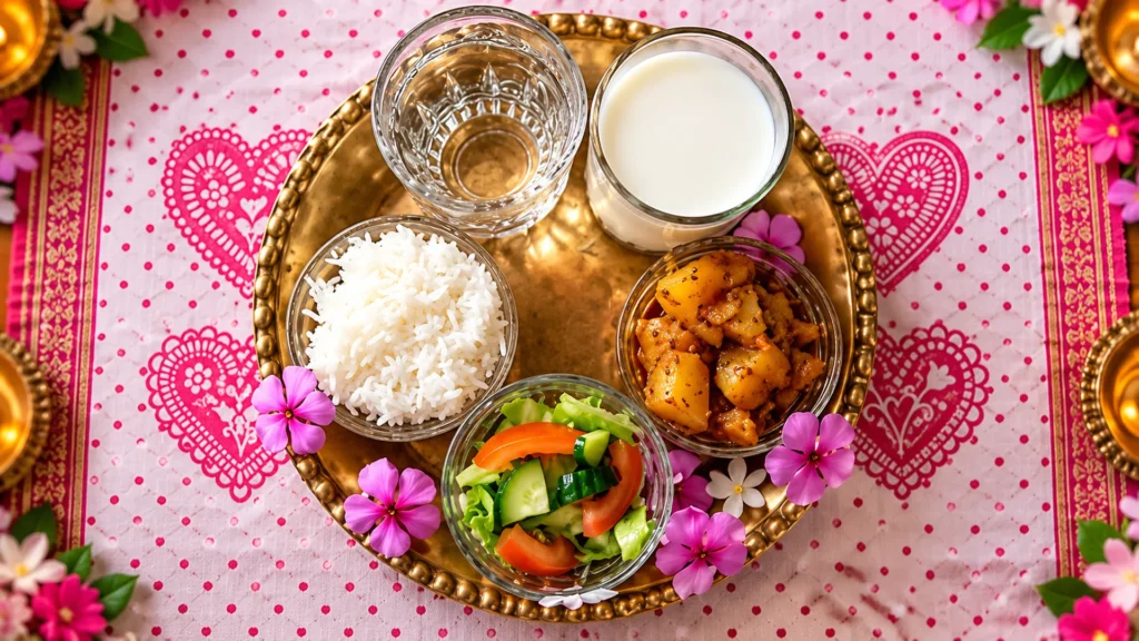 festive brass thali with flowers