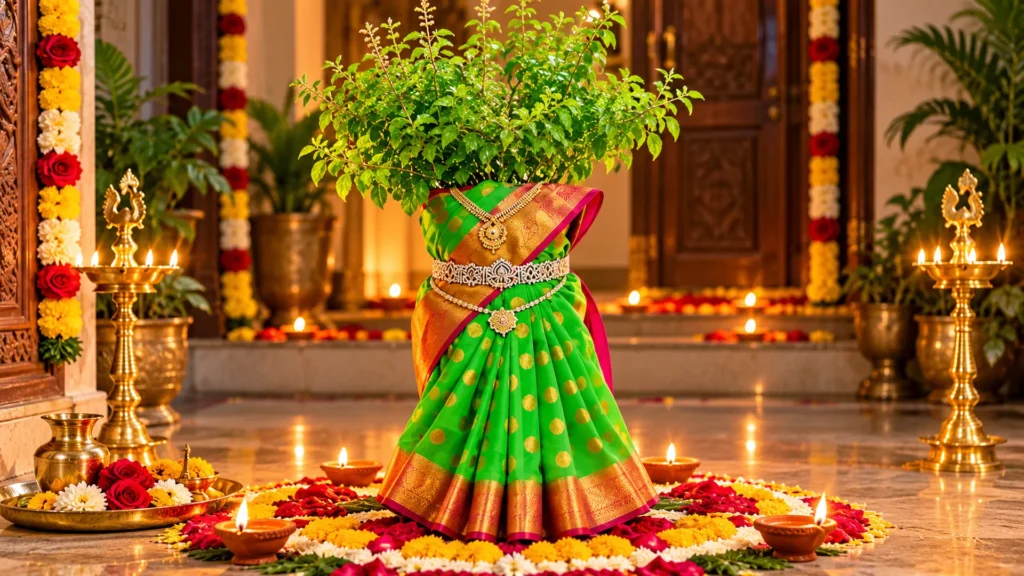 festive dressed tulsi shrine with diyas festive dressed tulsi shrine with diyas