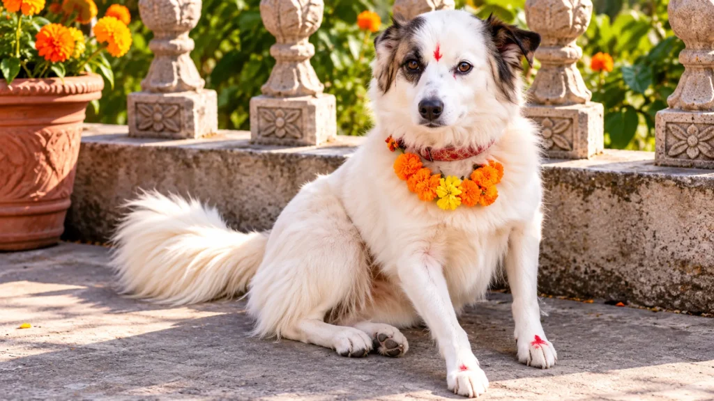 festive marigold garlanded dog festive marigold garlanded dog