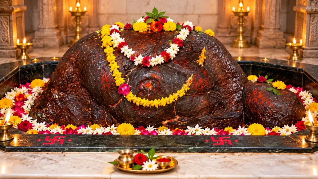 floral nandi shrine in golden temple light