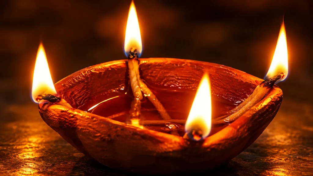 four flame terracotta diya glow
