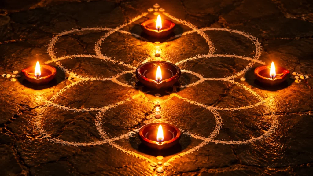 golden diyas in a rangoli glow