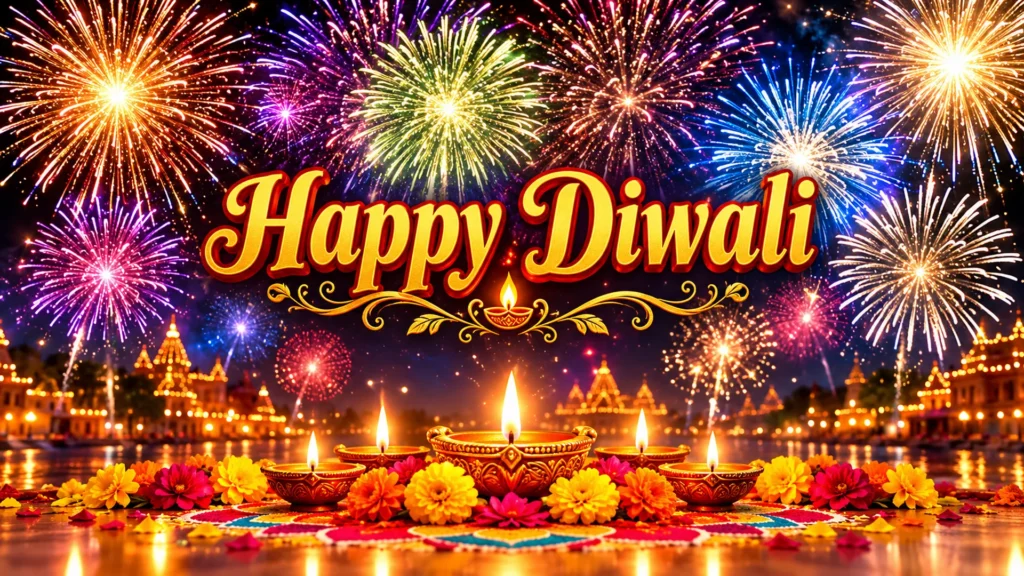 happy diwali fireworks and diyas