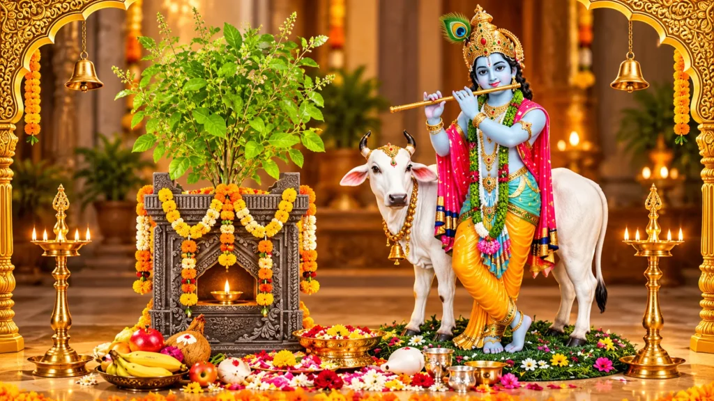 Tulasi Shaligram Vivaha krishna and tulsi temple puja scene