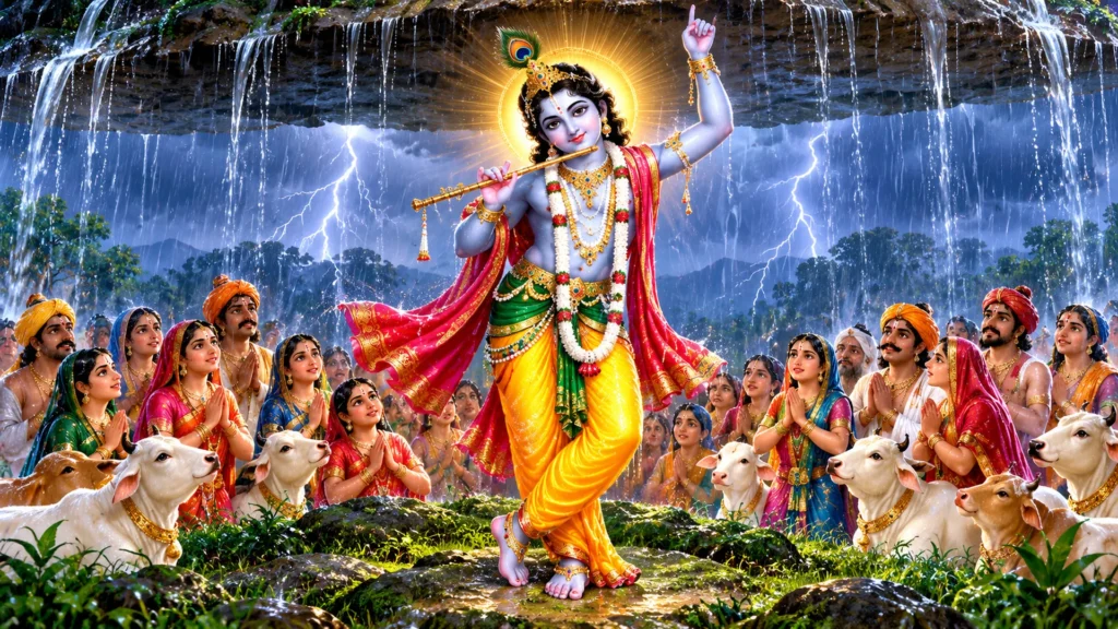 krishna beneath the rainfall canopy