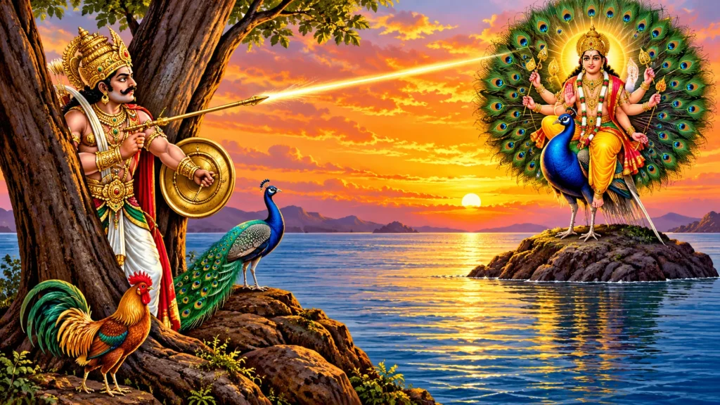 mythic sunset warrior and peacock deity