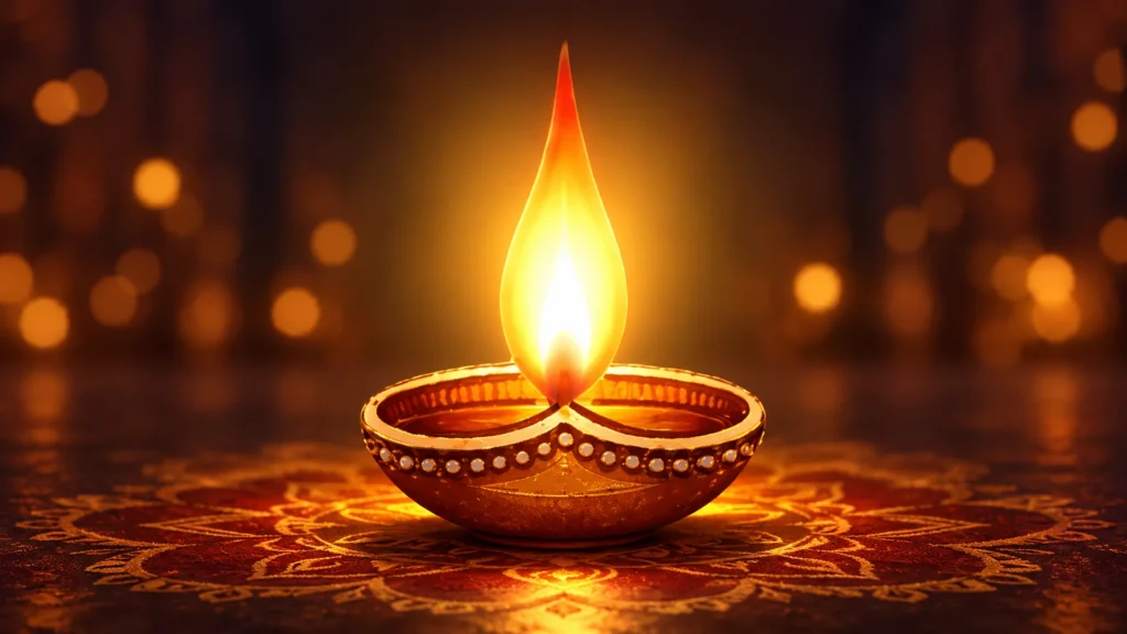 ornate diya amid golden bokeh