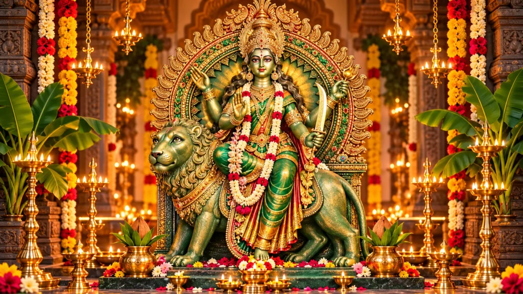 radiant durga shrine with lion and lamps
