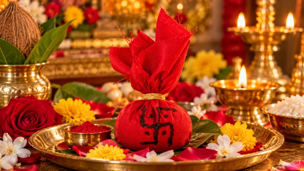 sacred red potli on a golden puja altar