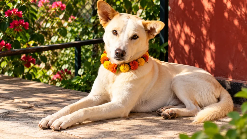 sunlit garden dog with marigold garland sunlit garden dog with marigold garland