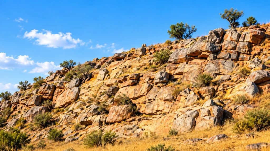 sunlit rocky hillside landscape