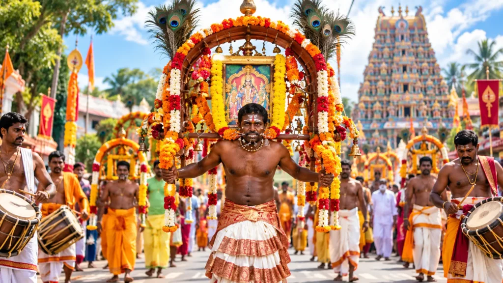 vibrant kavadi procession beneath temple gopuram