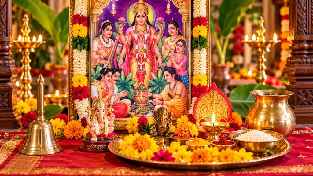 vibrant lakshmi puja altar with flowers and lamps